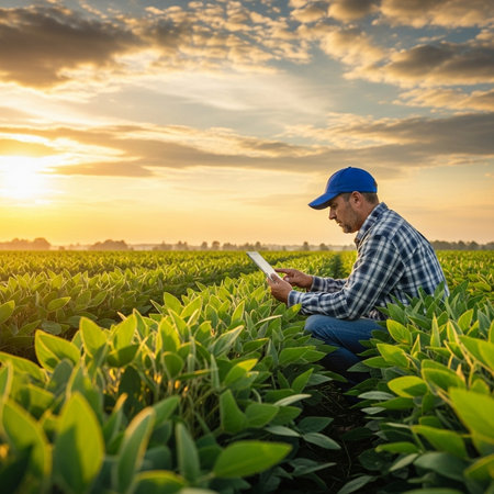 Tractor spraying soybean field at sunset. 3d rendering.の素材