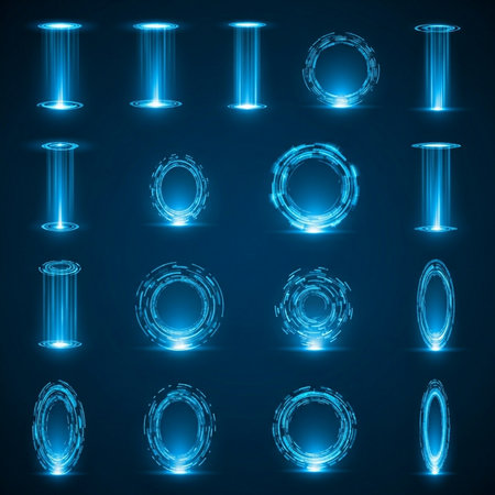 Set of blue neon glowing torus on dark background. Vector illustration.の素材