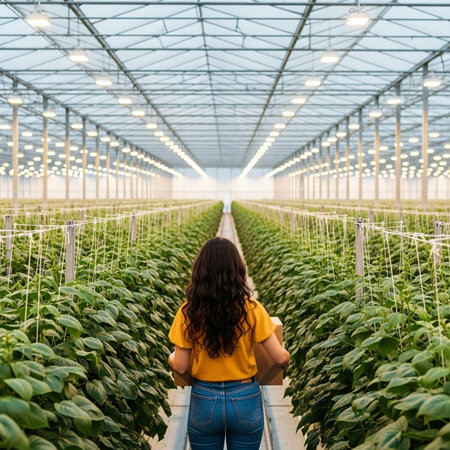 Young woman in yellow T-shirt and blue jeans standing in a greenhouse with rows of plants.の素材