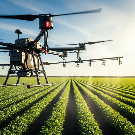Farmer using tablet computer in soybean field. Young agronomist examining soybean plants at sunsetの素材