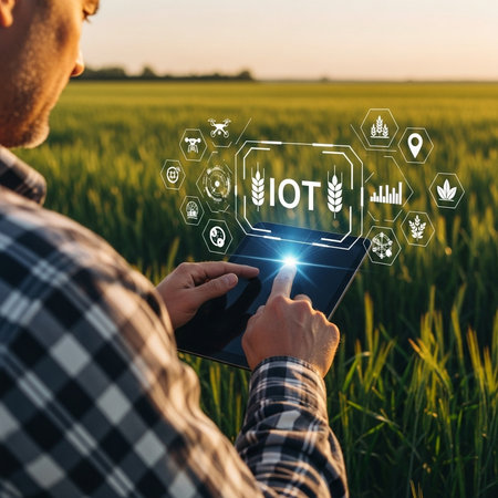 Smart agriculture concept. Agronomist in checkered shirt using tablet computer while standing in green field at sunsetの素材