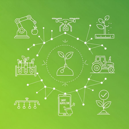 Smart farming concept with connected icons over green background. Vector illustration.の素材