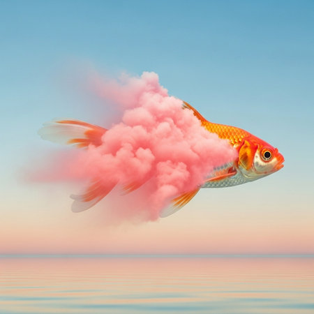 Goldfish floating in a cloud of pink smoke. 3d renderingの素材