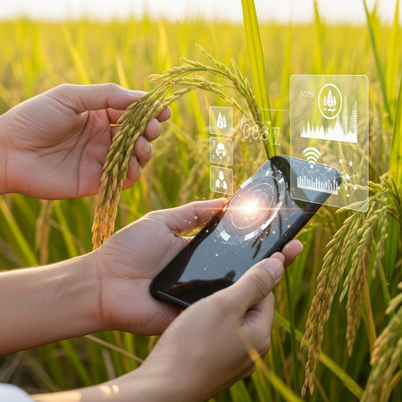 Smart phone in the hands of a farmer on a rice field.の素材