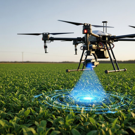 Drone spraying pesticides on soy plantation. Spraying pesticides on soy plants.の素材