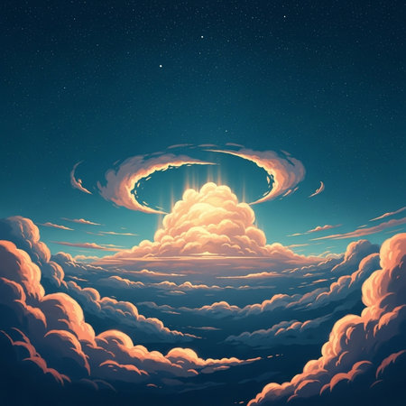 3D illustration of a stormy sky with clouds and stars.の素材