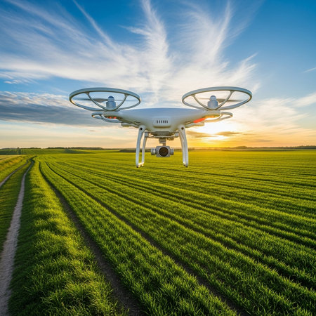 Drone with digital camera flying over a green field at sunset.の素材