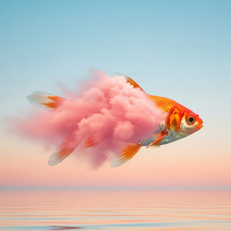 Goldfish in a pink cloud floating in the water. 3d renderingの素材