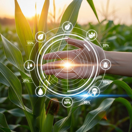 Agriculture and technology concept. Cropped image of a young woman touching a green corn field.の素材