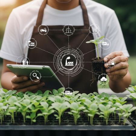 Drone quadcopter with digital camera flying over wheat field at sunsetの素材
