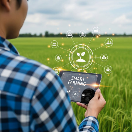 Smart farmer using tablet with digital agriculture technology on rice field background.の素材