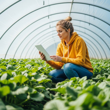young woman using digital tablet while sitting on field of cabbage in greenhouseの素材