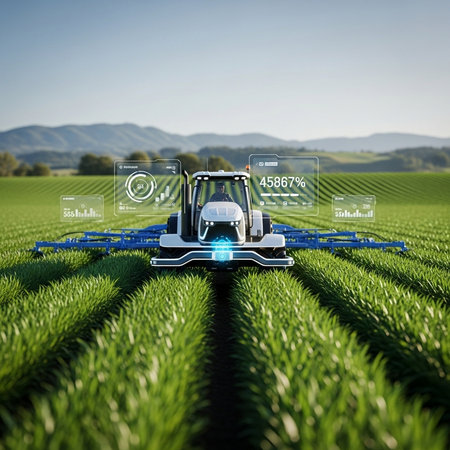 Agricultural machinery on a green field. 3d rendering.の素材