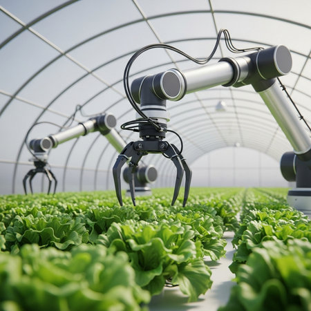Hydroponic robot working in a greenhouse. 3d rendering.の素材