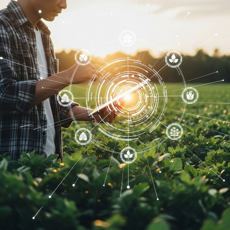 Agriculture and technology concept. Smart farmer using tablet on the field.の素材