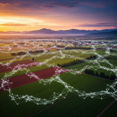 Aerial view of agricultural fields and mountains at sunset. Network connection conceptの素材