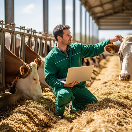 Farmer working on a dairy farm using a laptop computer to check the quality of milkの素材