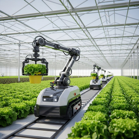 Robot working in hydroponic farm. Industrial robot working in greenhouseの素材