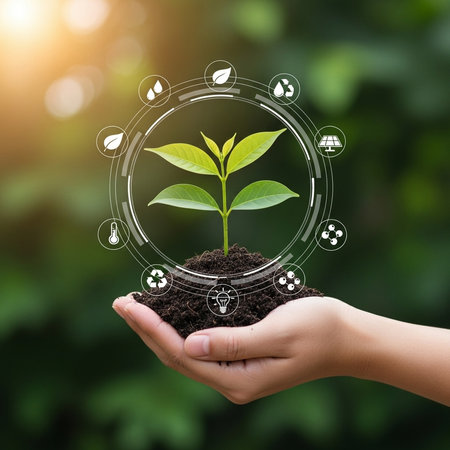 Human hand holding green plant with ecology icon over blurred nature background, World Environment Day conceptの素材