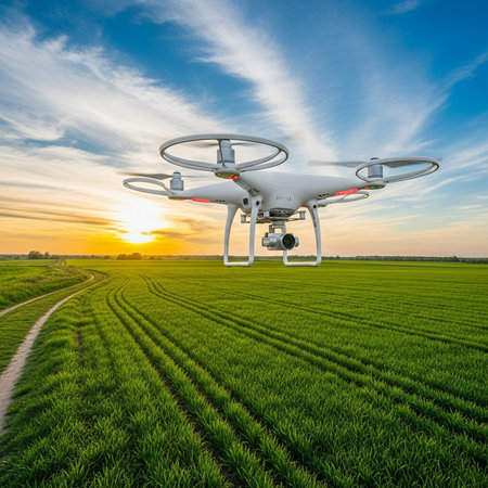 Drone quadcopter with digital camera flying over green field at sunsetの素材