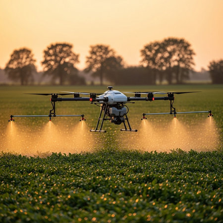 Drone spraying pesticide on agricultural field at sunset. Drone spraying pesticide on agricultural field.の素材