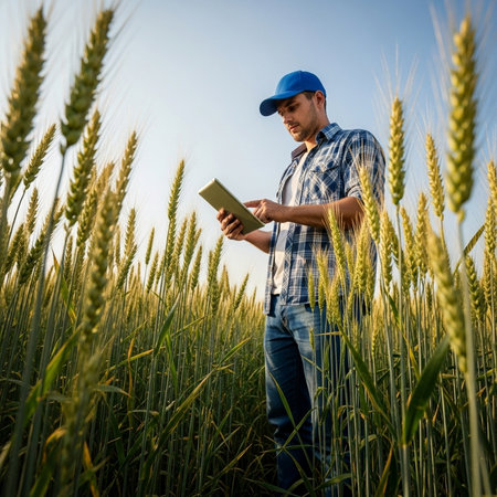 Young agronomist standing in wheat field and using tablet computerの素材