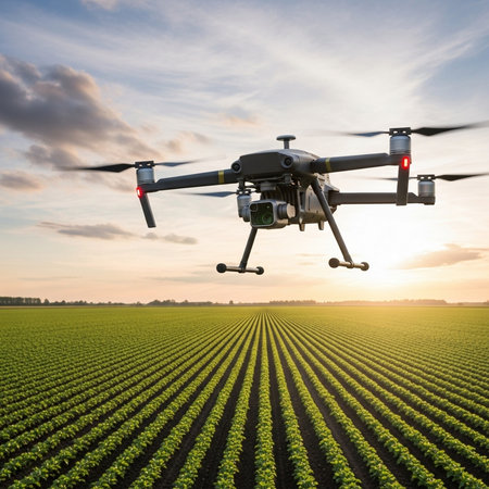 Drone with digital camera flying over a field of soy plants.の素材