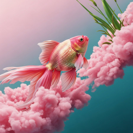 Goldfish floating in the sky. 3d illustration. Nature background.の素材