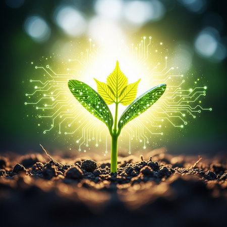 Green sprout in soil with circuit board on bokeh backgroundの素材