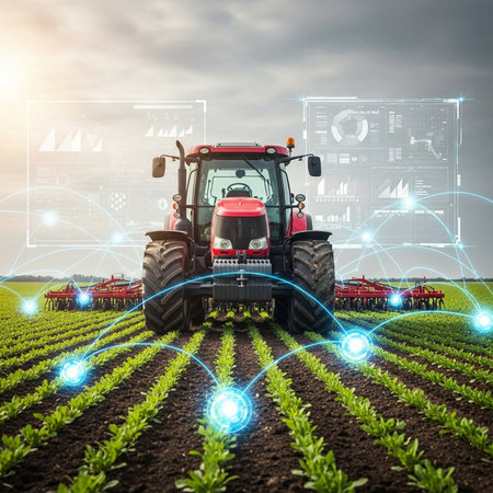 Tractor spraying pesticides on soy plantation with sprayer and media user interfaceの素材