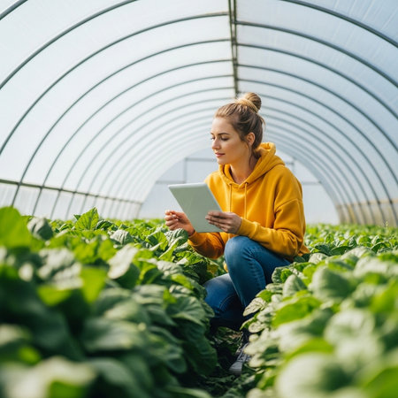 young female agronomist holding digital tablet in hothouseの素材