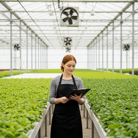 Young woman working in a greenhouse, checking the quality of salad.の素材
