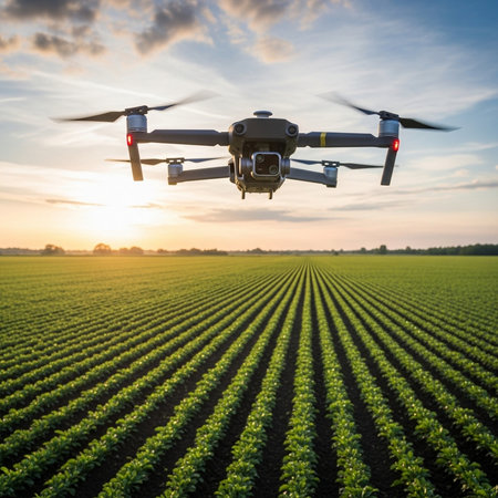 Drone quadcopter with digital camera flying over soybean fieldの素材