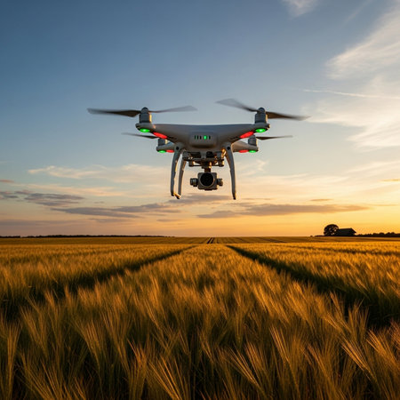 Drone with digital camera flying over wheat field at sunset. 3D Renderingの素材