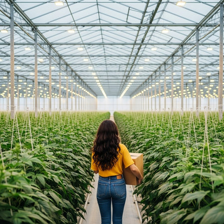 Young woman in yellow shirt and jeans walking through a greenhouse with green plantsの素材