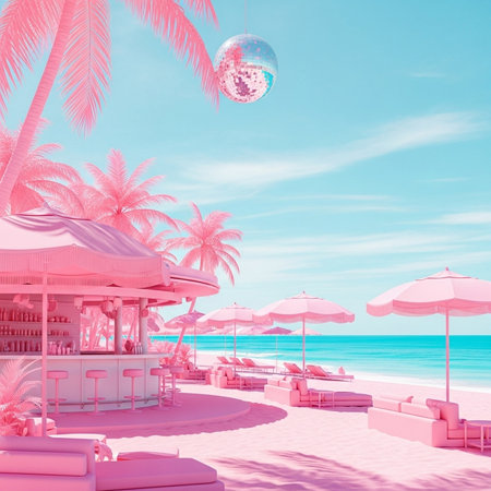 Beach with palm trees and umbrellas. 3d renderの素材