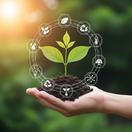 Ecology concept. Hands holding a green plant with ecology icons.の素材