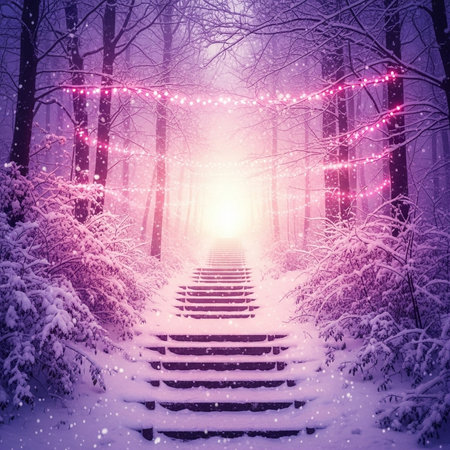 Winter forest with snow covered trees and glowing garland. Christmas backgroundの素材