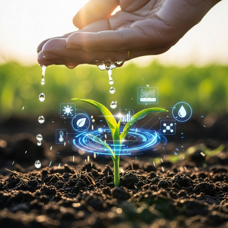 Human hand holding green sprout growing on fertile soil. Ecology conceptの素材