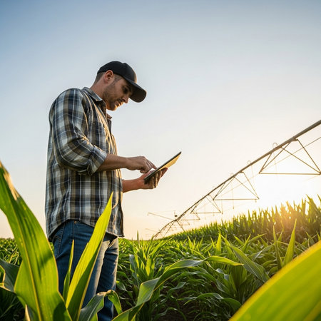 Young agronomist standing in corn field and using tablet computerの素材