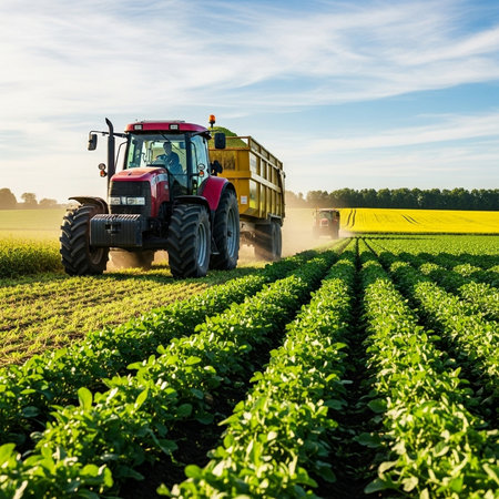 Tractor spraying pesticides on soybean field with sprayer at springの素材