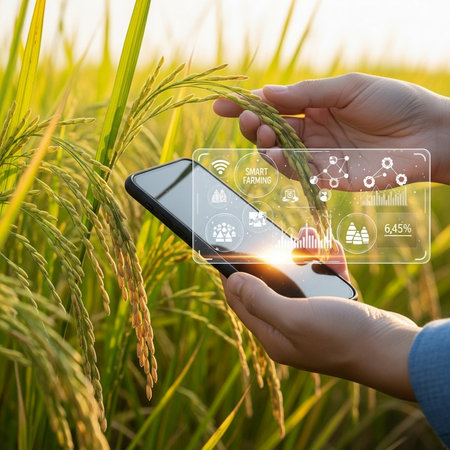 Rice technology. Smartphone in hand on rice field background.の素材