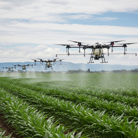 Drone spraying fertilizer on a corn field. Agricultural technology concept.の素材