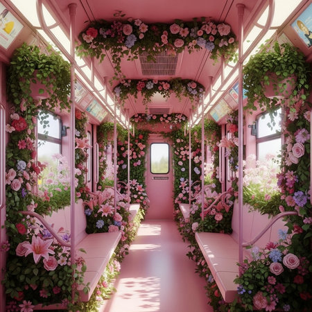 3d rendering of the train with flowers in the corridor, pink colorの素材