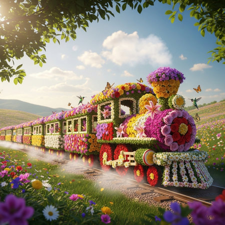 3d rendering of toy train with flowers and butterflies in the skyの素材
