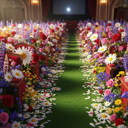 Wedding ceremony with flowers and red chairs. 3D renderingの素材