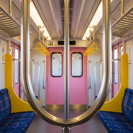 Interior of a modern train with yellow seats and pink and purple doorsの素材