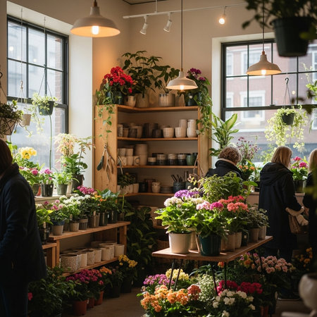 Flower shop. Flowers in pots. Florist at work.の素材