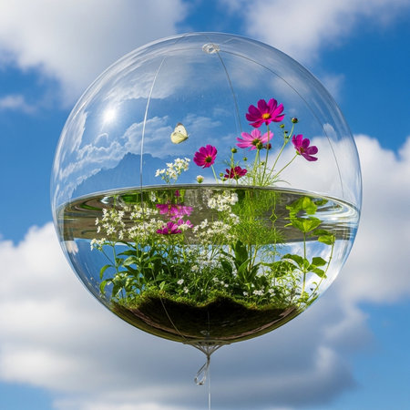 Transparent balloon with flowers and grass inside. Conceptual image.の素材