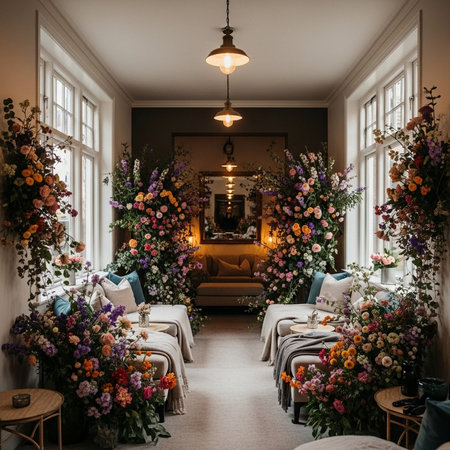 Interior of a luxury hotel room decorated with flowers and plants.の素材